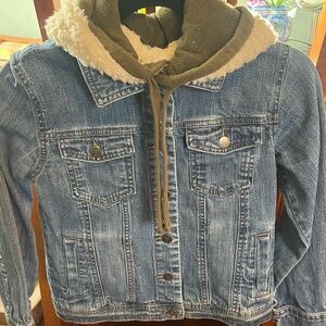 Mossimo Upcycled Denim Jacket Size Large Detachable Hood And Sloth